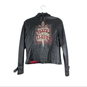 Wilsons Leather Peace & Love Black Studded Jacket Size L GREAT NFR Piece